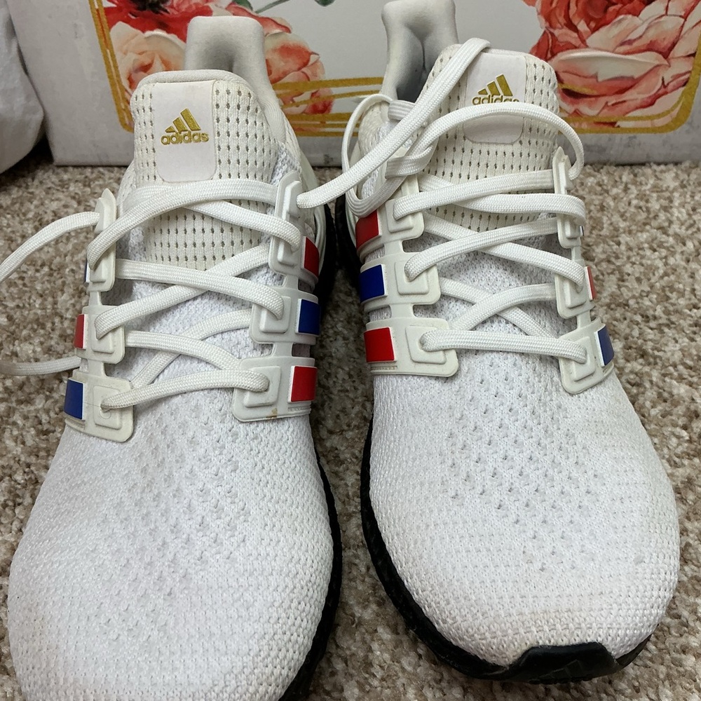 adidas White Sneakers with Red & Blue Stripe Accents - Picture 6 of 12